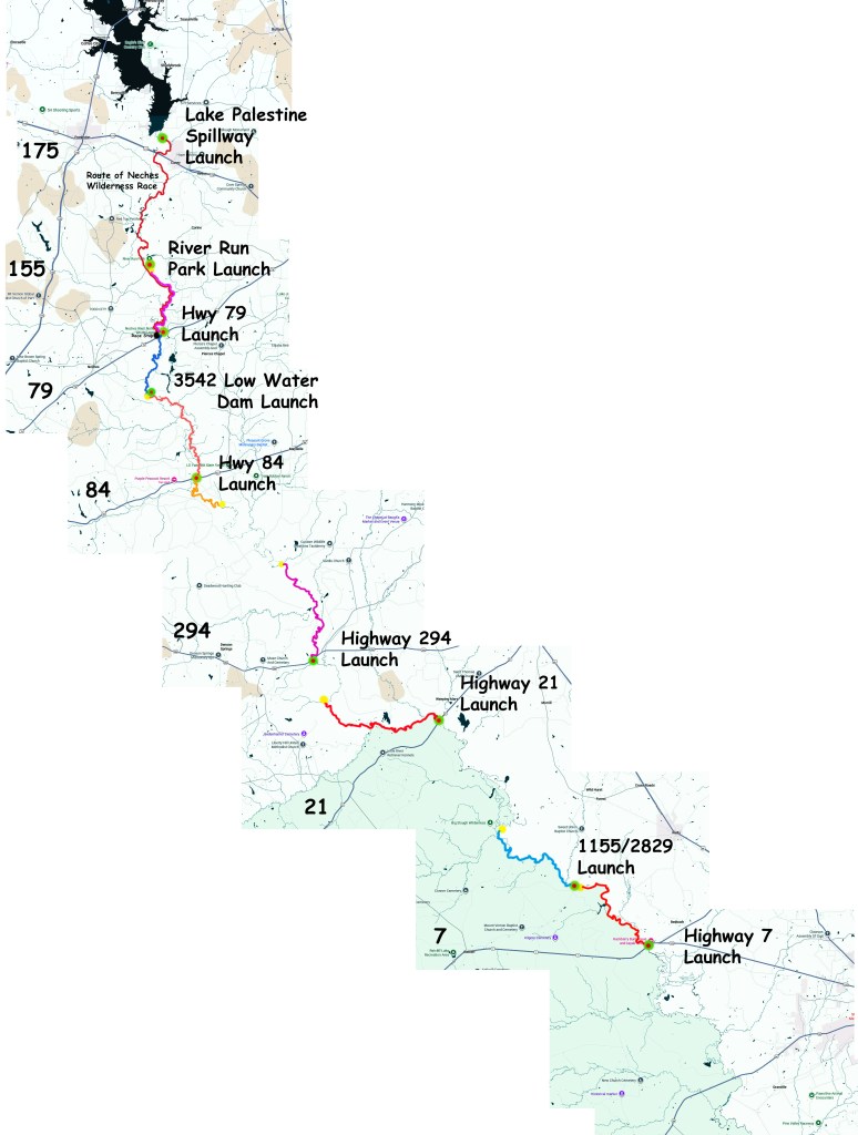 Kayak paddle route trail map Texas Neches River section by section Neches River www.SawdustRiver.com