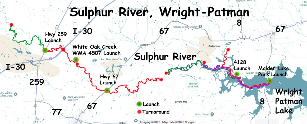 Kayak paddle route trail map in Texas section by section Sulphur River above Wright Patman www.SawdustRiver.com