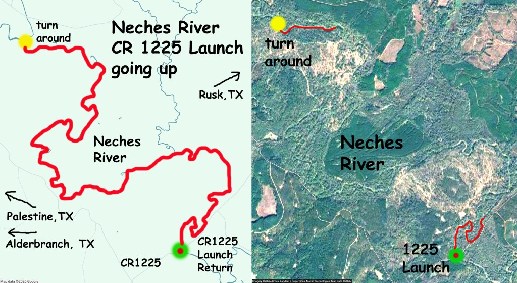 Kayak paddle route trail map, Neches River, CR 1225 Launch, Alderbranch, going up, www.SawdustRiver.com