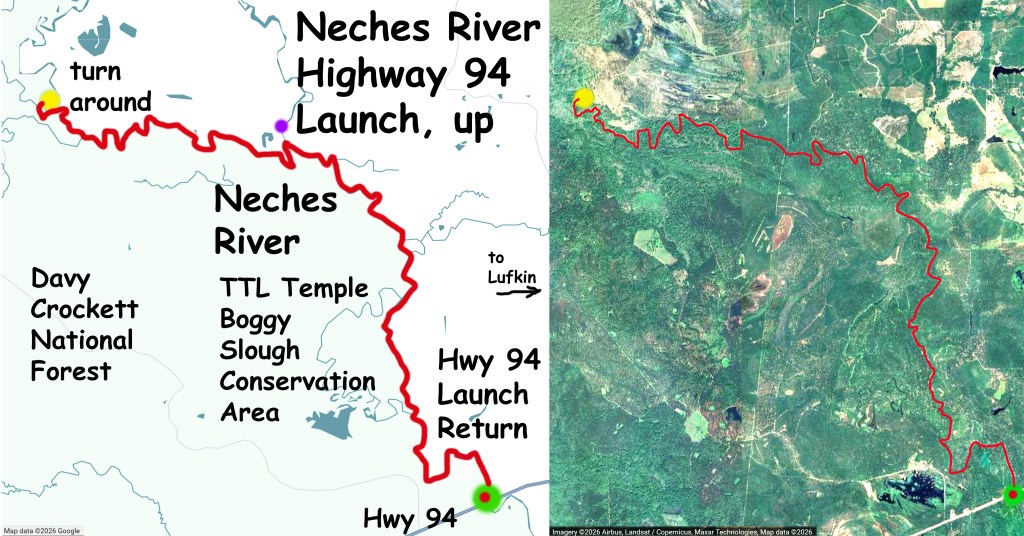 Kayak paddle route map trail, Neches River, Hwy 94 Launch Launch, going up, www.SawdustRiver.com