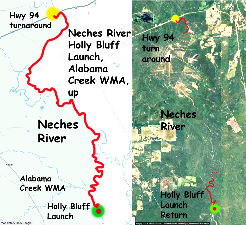 Kayak paddle trail route map, Neches River, Holly Bluff Launch, Alabama Creek WMA, going up, www.SawdustRiver.com